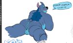  2021 alien anthro anthrofied balls blue_body blue_fur butt disney experiment_(lilo_and_stitch) fur genitals lilo_and_stitch looking_at_viewer looking_back lying male maykubear muscular muscular_anthro muscular_male nude on_front solo spanish_text stitch_(lilo_and_stitch) text 