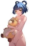 1girl bangs blue_hair blunt_bangs colored_inner_hair completely_nude female_pubic_hair flat_chest genshin_impact hair_ornament hair_rings hairclip highres holding holding_stuffed_toy kasseus_maximus looking_at_viewer multicolored_hair nipples nude object_hug petite pubic_hair pussy short_eyebrows short_hair solo standing stuffed_animal stuffed_toy teddy_bear uncensored xiangling_(genshin_impact) yellow_eyes 