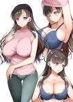  1girl armpits arms_behind_back arms_up asahina_hikage bangs black_hair blue_bra blush bra breasts cleavage collarbone highres impossible_clothes impossible_sweater large_breasts long_hair looking_at_viewer mole mole_under_eye one_eye_closed open_mouth original pants pink_sweater purple_eyes ribbed_sweater simple_background skindentation sleeveless_sweater smile solo sweater turtleneck turtleneck_sweater underwear undressing white_background 