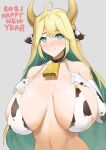  1girl 2021 absurdres ahoge animal_ears animal_print bangs bell bell_collar bikini black_collar blonde_hair blush breasts chinese_zodiac closed_mouth collar colored_inner_hair cow_ears cow_girl cow_horns cow_print cowbell ear_tag elbow_gloves elf elven_forest_maker eyebrows_visible_through_hair gloves green_eyes green_hair hair_between_eyes hands_on_own_chest happy_new_year highres horns huge_breasts kt_(kusare171) last_origin long_hair looking_at_viewer micro_bikini multicolored_hair new_year nose_blush pointy_ears print_bikini slender_waist smile solo swimsuit symbol-shaped_pupils upper_body very_long_hair year_of_the_ox 