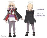  1girl bangs black_jacket blonde_hair character_name colored_inner_hair english_commentary eyebrows_visible_through_hair from_behind grey_eyes grey_pants hair_behind_ear hololive hololive_english jacket japanese_clothes jenma-chan looking_at_viewer multicolored_hair multiple_views nintendo_switch_lite obi open_hand open_hands pants purple_hair sash short_hair smile tunnarata white_background 