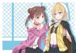  2girls bangs bare_shoulders blonde_hair blush breasts brown_eyes brown_hair cleavage closed_mouth collar collarbone double_bun drink eyebrows_visible_through_hair fence food hair_between_eyes hair_ornament hair_ribbon hiiragi_kei holding holding_drink holding_food hood hood_up idolmaster idolmaster_shiny_colors jacket jewelry long_sleeves looking_at_object medium_breasts medium_hair multiple_girls navel necklace off_shoulder open_mouth parted_lips purple_eyes red_ribbon ribbon saijou_juri shirt short_hair skirt small_breasts smile sonoda_chiyoko twintails 