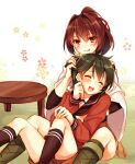  2girls between_legs black_hair blush brown_eyes brown_hair closed_eyes grin hair_ribbon hair_tousle ise_(kantai_collection) japanese_clothes kantai_collection mogami_(kantai_collection) multiple_girls open_mouth ponytail ribbon school_uniform short_hair shorts sitting skirt smile teasing toosaka_asagi 