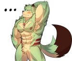  ... abs alternate_version_at_source anthro armpit_fetish armpit_hair blush bodily_fluids body_hair canid canine canis crotch_tuft featureless_crotch fur green_body green_fur hand_behind_head hi_res jewelry male mammal moji mono_g muscular muscular_anthro muscular_male necklace necklace_only nipples nude pecs simple_background solo sweat sweatdrop tan_body tan_fur tuft white_background wolf 