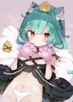  1girl absurdres animal_ears blush cat_ears cat_paws garter_straps green_hair hair_ornament highres hololive hololive_fantasy looking_at_viewer panties paws red_eyes sinnop10 skull_collar skull_hair_ornament solo thighhighs underwear uruha_rushia virtual_youtuber 