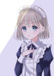  1girl bangs blue_eyes earrings eyebrows_visible_through_hair flat_chest frills grey_hair hand_on_own_chest hand_up hiiragi_kei idolmaster idolmaster_shiny_colors jewelry long_sleeves looking_at_viewer maid maid_headdress open_mouth parted_lips ribbon serizawa_asahi short_hair simple_background solo white_background 