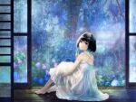  1girl barefoot black_hair closed_mouth dress flower holding holding_flower hydrangea looking_at_viewer looking_back original purple_eyes rain see-through_dress sitting sleeveless sleeveless_dress smile solo umeazuki veranda wet wet_clothes white_dress 