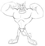  activision anthro black_and_white briefs clothed clothing crash_bandicoot_(series) dasyuromorph flexing_muscles footwear male mammal marsupial monochrome muscular muscular_anthro muscular_male open_mouth shoes simple_background sketch smile solo teeth_showing thegreatmatsutzu thylacine tiny_tiger topless underwear video_games white_background 