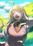  1girl :d ahoge akamatsu_kaede backpack bag bangs blonde_hair breasts closed_eyes collared_shirt commentary_request danganronpa_(series) danganronpa_v3:_killing_harmony day facing_viewer hair_ornament hand_in_hair happy highres large_breasts long_hair long_sleeves musical_note_hair_ornament necktie nyuukazai open_mouth orange_neckwear outdoors pink_vest shirt smile solo teeth tree upper_body vest 
