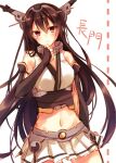  1girl bare_shoulders black_hair blush breasts elbow_gloves fingerless_gloves gloves hair_ornament hairband headgear highres kantai_collection large_breasts long_hair midriff nagato_(kantai_collection) navel open_mouth red_eyes skirt solo thighhighs toosaka_asagi 