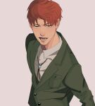  1boy absurdres amulet coat collared_shirt floch_forster green_coat highres jacket jewelry long_coat looking_at_viewer male_focus necklace open_mouth red_hair shingeki_no_kyojin shirt short_hair simbbaba solo yellow_eyes 