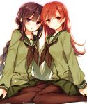  2girls :o bangs between_legs black_hair black_legwear blunt_bangs blush braid brown_eyes brown_hair highres kantai_collection kitakami_(kantai_collection) long_hair looking_at_viewer multiple_girls ooi_(kantai_collection) open_mouth pantyhose pleated_skirt purple_eyes school_uniform serafuku sitting skirt smile toosaka_asagi 