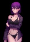  1girl black_background black_bra black_panties bob_cut bra breasts closed_mouth collared_shirt cowboy_shot frilled_bra frilled_panties frills hair_between_eyes highres large_breasts long_sleeves looking_at_viewer open_clothes open_shirt original panties purple_eyes purple_hair purple_shirt shirt simple_background single_bare_shoulder smile solo sparrowl standing thigh_gap underwear 