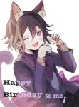  1boy :d alternate_costume animal_ears bangs bow cat_boy cat_ears cat_tail commentary_request cowboy_shot danganronpa_(series) danganronpa_v3:_killing_harmony ebi_(raruharura10) hair_between_eyes hands_up happy_birthday highres jacket large_bow long_sleeves looking_at_viewer male_focus one_eye_closed open_mouth ouma_kokichi pink_bow purple_eyes purple_jacket shirt simple_background smile solo tail upper_teeth white_background 