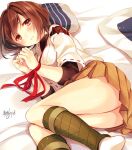  1girl bdsm bondage bound bound_wrists brown_eyes brown_hair hyuuga_(kantai_collection) japanese_clothes kantai_collection looking_at_viewer lying on_bed on_side pillow pleated_skirt restrained ribbon_trim short_hair signature skirt solo toosaka_asagi 
