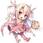  1girl :d ascot blonde_hair boots bow chibi dress fate/kaleid_liner_prisma_illya fate_(series) full_body gloves hair_bow holding holding_wand illyasviel_von_einzbern kaleidostick long_hair looking_at_viewer magical_girl magical_ruby open_mouth pink_dress pink_footwear prisma_illya red_eyes simple_background smile solo toosaka_asagi two_side_up wand white_background white_gloves yellow_neckwear 