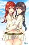  2girls :d :o bangs black_hair blunt_bangs braid brown_hair cloud day holding_hands hug interlocked_fingers kantai_collection kitakami_(kantai_collection) long_hair looking_at_viewer midriff multiple_girls ooi_(kantai_collection) open_mouth pleated_skirt remodel_(kantai_collection) school_uniform serafuku signature skirt sky smile symmetrical_hand_pose toosaka_asagi 