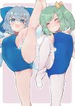  2girls :d alternate_costume armpits bare_legs blue_bow blue_eyes blue_hair blue_leotard bow breasts cirno closed_eyes commission covered_navel daiyousei eyebrows_visible_through_hair fairy_wings green_hair hair_bow highres ice ice_wings leotard looking_at_viewer multiple_girls open_mouth outline pantyhose pink_background short_hair simple_background skeb_commission small_breasts smile split standing standing_on_one_leg standing_split teranekosu touhou trembling white_legwear white_outline wings yellow_bow 