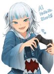  1girl :d a bangs blue_eyes blue_hair blunt_bangs catchphrase controller fingernails game_controller gawr_gura grey_hair heart highres holding holding_controller holding_game_controller hololive hololive_english long_sleeves looking_at_viewer medium_hair ne_kuro open_mouth sharp_teeth simple_background smile solo teeth two_side_up upper_teeth virtual_youtuber white_background white_nails 