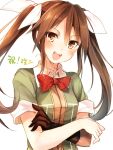  1girl :d brown_hair hair_ribbon kantai_collection long_hair looking_at_viewer open_mouth ribbon simple_background smile solo tone_(kantai_collection) toosaka_asagi translated twintails white_background white_ribbon 