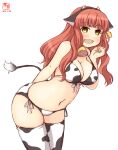  1girl alternate_costume animal_ears animal_print arm_behind_back artist_logo bangs bell bikini blunt_bangs braid breasts cleavage commentary_request cow_ears cow_horns cow_print cow_tail cowbell cowboy_shot curly_hair dated de_ruyter_(kantai_collection) ear_tag fake_animal_ears fake_horns green_eyes highres horns kanon_(kurogane_knights) kantai_collection large_breasts leaning_forward long_hair looking_at_viewer navel side-tie_bikini side_braid simple_background smile solo swimsuit tail thighhighs white_background white_bikini white_legwear 