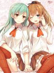  2girls ;d aqua_hair artist_name blush brown_hair hair_ornament holding_hands jewelry kantai_collection kumano_(kantai_collection) long_hair looking_at_viewer multiple_girls neckerchief one_eye_closed open_mouth pleated_skirt ponytail ring signature skirt smile suzuya_(kantai_collection) thighhighs toosaka_asagi wedding_band zettai_ryouiki 