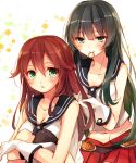  2girls adjusting_hair agano_(kantai_collection) aqua_eyes black_hair blush braid breasts brown_hair cleavage gloves green_eyes highres kantai_collection long_hair looking_at_viewer medium_breasts midriff multiple_girls noshiro_(kantai_collection) school_uniform toosaka_asagi tying_hair white_background 