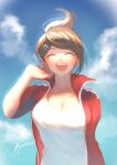  1girl artist_name asahina_aoi bangs blue_eyes blue_sky breasts brown_hair cleavage closed_eyes cloud collarbone commentary_request danganronpa:_trigger_happy_havoc danganronpa_(series) day eyebrows_visible_through_hair hair_ornament hairclip hand_up highres jacket large_breasts nyuukazai open_clothes open_jacket open_mouth outdoors ponytail red_jacket shirt short_hair sky smile solo upper_body upper_teeth white_shirt 