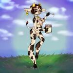  1:1 absurd_res anthro big_breasts bovid bovine breasts cattle clothing collar cowbell dairy_cow dairy_products digital_media_(artwork) facial_piercing female food hi_res horn huge_breasts looking_at_viewer mammal nose_piercing nose_ring piercing ramerooni simple_background solo swimwear 