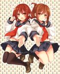  2girls black_legwear brown_eyes brown_hair fang folded_ponytail hair_ornament hairclip highres ikazuchi_(kantai_collection) inazuma_(kantai_collection) kantai_collection locked_arms long_sleeves looking_at_viewer multiple_girls neckerchief open_mouth pleated_skirt red_neckwear school_uniform serafuku short_hair skirt thighhighs toosaka_asagi zettai_ryouiki 