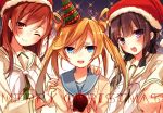  3girls :d :o ;) abukuma_(kantai_collection) black_hair blue_eyes brown_eyes brown_hair christmas girl_sandwich hand_on_another&#039;s_shoulder hat kantai_collection kitakami_(kantai_collection) long_hair merry_christmas multiple_girls one_eye_closed ooi_(kantai_collection) open_mouth party_hat party_popper purple_eyes sandwiched santa_hat school_uniform serafuku smile toosaka_asagi twintails 