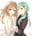  2girls aqua_eyes aqua_hair artist_name bare_shoulders bridal_veil bride brown_eyes brown_hair dress gloves groom kantai_collection kumano_(kantai_collection) long_hair multiple_girls signature suzuya_(kantai_collection) tiara toosaka_asagi veil wedding_dress wife_and_wife yuri 