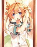  1girl abukuma_(kantai_collection) adjusting_hair blonde_hair blue_eyes female_pov kantai_collection long_hair looking_at_viewer mirror pov school_uniform serafuku skirt solo toosaka_asagi twintails tying_hair white_background 