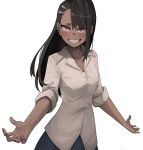  1girl asymmetrical_bangs bangs bared_teeth black_hair blush breasts brown_eyes dark_skin dark_skinned_female ear_clip fingernails grin hair_ornament hairclip highres ijiranaide_nagatoro-san jourd4n long_hair looking_at_viewer nagatoro_hayase outstretched_arms school_uniform shirt shrugging skirt sleeves_rolled_up small_breasts smile solo w_arms 