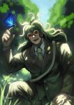  1boy animal bangs blue_butterfly bug butterfly butterfly_on_finger collared_shirt commentary_request danganronpa_(series) danganronpa_v3:_killing_harmony day forest formal glasses gokuhara_gonta grass green_hair hand_on_own_leg hand_up highres insect jacket long_hair long_sleeves male_focus nature necktie nyuukazai open_mouth outdoors red_eyes round_eyewear shirt signature smile solo tree upper_teeth white_shirt 