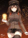  1girl akitsu_maru_(kantai_collection) black_hair black_legwear blush breasts gloves hat kantai_collection lamp large_breasts long_sleeves looking_at_viewer pleated_skirt short_hair skirt solo thighhighs toosaka_asagi white_gloves zettai_ryouiki 