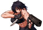  1girl abs black_hair black_pants blue_eyes breasts crop_top english_commentary floating_hair gun handgun holding holding_gun holding_knife holding_weapon knife large_breasts muscular muscular_female one_eye_closed original pants parted_lips pistol scar scar_across_eye scar_on_arm short_hair snowcie solo upper_body weapon white_background 