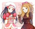  2girls belt black_hair bow brown_dress buttons clenched_hands commentary_request dawn_(pokemon) dress eyelashes grey_eyes hair_bow hair_ornament hairclip hand_up hands_up hat light_brown_hair long_hair looking_at_viewer mittens multiple_girls open_mouth pink_bow pink_dress pink_mittens pokemon pokemon_(game) pokemon_masters_ex serena_(pokemon) short_sleeves smile tongue white_headwear yomogi_(black-elf) 
