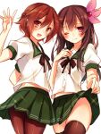  2girls black_legwear brown_eyes brown_hair hair_ornament highres kantai_collection kisaragi_(kantai_collection) long_hair looking_at_viewer multiple_girls mutsuki_(kantai_collection) open_mouth pantyhose pink_eyes short_hair skirt skirt_lift smile sparkle thighhighs toosaka_asagi 