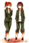  2girls alternate_hairstyle artist_name black_hair braid brown_eyes brown_hair grin gym_shirt gym_uniform highres jacket kantai_collection kitakami_(kantai_collection) long_hair multiple_girls no_socks one_eye_closed ooi_(kantai_collection) open_clothes open_jacket open_track_jacket pants pants_rolled_up ponytail purple_eyes shirt shoes short_hair signature smile sneakers toosaka_asagi track_jacket track_suit 