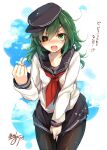  1girl akatsuki_(kantai_collection) akatsuki_(kantai_collection)_(cosplay) blush clenched_hand cloud cosplay covering covering_crotch eyepatch fang green_eyes green_hair hat kantai_collection kiso_(kantai_collection) long_hair looking_at_viewer neckerchief pantyhose pleated_skirt red_neckwear short_hair signature skirt sky solo toosaka_asagi translated 