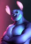  2021 absurd_res alien anthro anthrofied black_eyes blue_body blue_fur blue_nose crossed_arms digital_media_(artwork) disney experiment_(lilo_and_stitch) fur gradient_background hi_res lilo_and_stitch looking_at_viewer male muscular muscular_anthro muscular_male notched_ear shaded simple_background smile smirk soft_shading solo stitch_(lilo_and_stitch) towelthebear watermark 