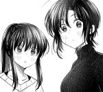  2girls :o bangs black_eyes black_sweater blush eyebrows_behind_hair greyscale hg_ni_koisuru_futari highres kanzaki_sayaka_(hg_ni_koisuru_futari) kudou_makoto long_hair looking_at_viewer monochrome multiple_girls open_mouth ponytail short_hair sweatdrop sweater takamiya_sora tied_hair turtleneck turtleneck_sweater white_background 