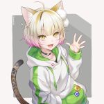  1girl :d ahoge animal_ears blonde_hair buttons cat_ears cat_tail collar eyebrows_visible_through_hair hand_up highres hood hood_down hoodie long_sleeves open_mouth original simple_background smile solo tail twitter_username yellow_eyes yukasummer 