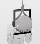  1boy avogado6 colored_skin commentary_request covered_face grey_hair hanged long_sleeves male_focus noose original picture_frame portrait_(object) shirt short_hair simple_background solo suicide upper_body white_background white_shirt white_skin 