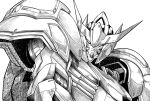  greyscale gundam gundam_barbatos gundam_tekketsu_no_orphans hatching_(texture) kudou_makoto looking_at_viewer looking_down mecha mobile_suit monochrome no_humans science_fiction solo v-fin 