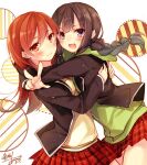  2girls :d artist_name black_hair blazer blush braid brown_eyes brown_hair jacket kantai_collection kitakami_(kantai_collection) long_hair multiple_girls ooi_(kantai_collection) open_blazer open_clothes open_jacket open_mouth plaid plaid_skirt purple_eyes school_uniform signature skirt smile toosaka_asagi v 