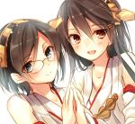  2girls bare_shoulders black_hair brown_eyes glasses grey_eyes hairband hands_together haruna_(kantai_collection) kantai_collection kirishima_(kantai_collection) long_hair multiple_girls open_mouth short_hair smile toosaka_asagi 