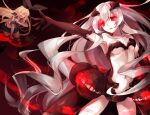  2girls abyssal_ship anchorage_princess blonde_hair elbow_gloves gloves glowing glowing_eyes kantai_collection long_hair multiple_girls pale_skin red_eyes shimakaze_(kantai_collection) showgirl_skirt silver_hair striped striped_legwear thighhighs toosaka_asagi 