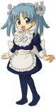 1girl :d apron aqua_eyes aqua_hair bangs blue_dress blush commentary dress english_commentary eyebrows_visible_through_hair frilled_apron frills full_body hair_ornament juliet_sleeves kasuga_(kasuga39) long_sleeves looking_at_viewer maid maid_apron no_shoes official_art open_mouth pantyhose puffy_sleeves puzzle_piece_hair_ornament simple_background skirt smile solo standing twintails waist_apron white_apron white_background wikipe-tan wikipedia 